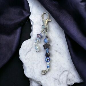 Handmade Blue and Silver Beaded Keychain